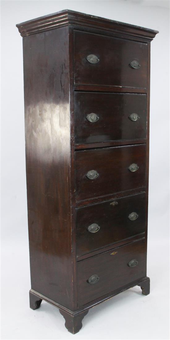 A late Victorian mahogany tall chest of five drawers, W. 2ft 6in. D. 1ft 6in. W. 2ft 6in.